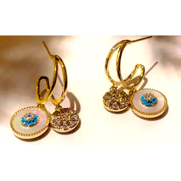 Gold Plated Disc with Turquoise Beads Earrings - Picture 6 of 7